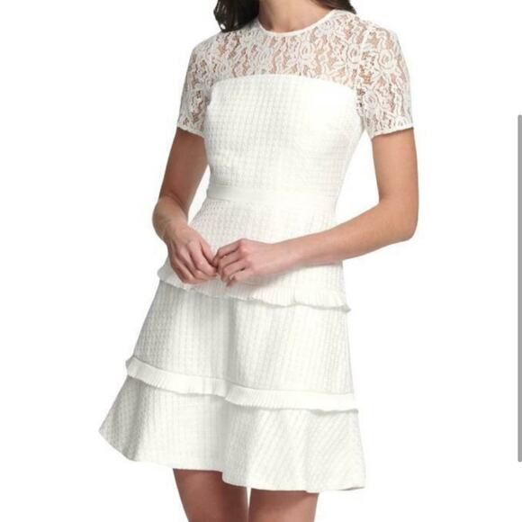 Kensie Dresses & Skirts - Kensie White Dress Size 14 Lace Top Tiered Pleated Ribbon Short Sleeves